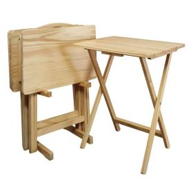 Set of 4 - Solid Wood Folding TV Tray Table Set with Stand in Natural Finish (Color: Natural)