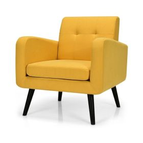 Mid-Century Modern Linen Upholstered Accent Chair with Wooden Legs (Color: Yellow)