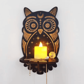 Handmade wooden display rack - Wall mounted display rack - Decorative wooden wall rack - Crystal stone storage rack - Hanging candle holder wall (Color: Owl)