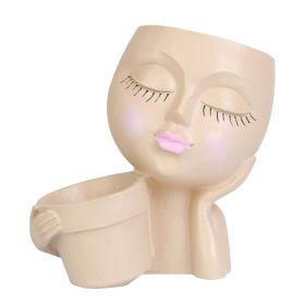 Girl Face Planter Pot Dual Opening Flower Pot With Drainage Hole Lady Head Resin Plant Pot For Succulent Cactus Indoor Outdoor (Color: Khaki, size: One size)